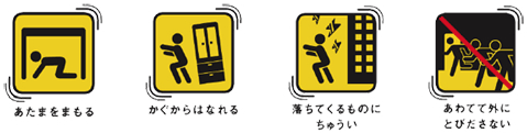 あたまをまもる、かぐからはなれる、落ちてくるものにちゅうい、あわてて外にとびださない