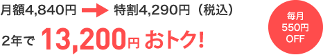 月額4,840円→特割4,290円（税込）2年で13,200円おトク！